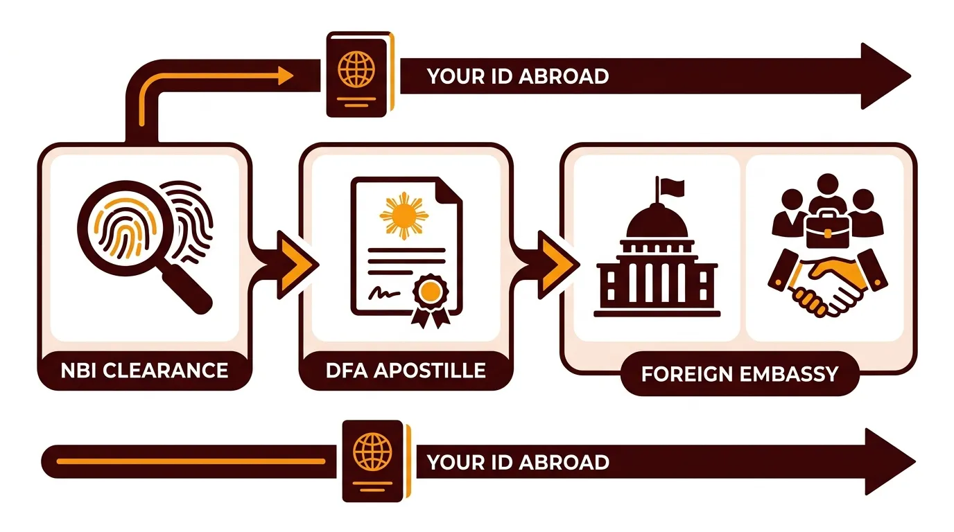 Is NBI Clearance a Valid ID? Where It Works, Where It Fails & Better Options 2026 2 Diagram of NBI clearance apostille steps for overseas use and passport as ID